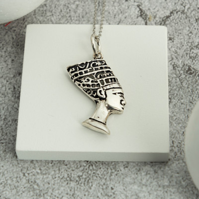 Silver Queen Nefertiti Necklace with Ankh Pendant - Egyptian Good Luck Necklace