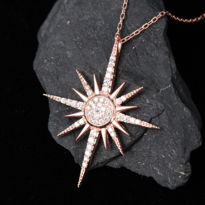 Sterling Silver Celestial North Starburst Crystal Pendant Necklace for Women