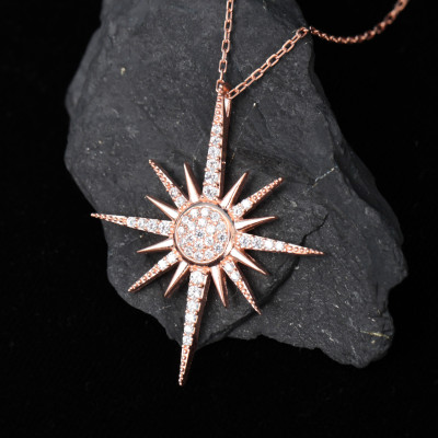 Sterling Silver Celestial North Starburst Crystal Pendant Necklace for Women