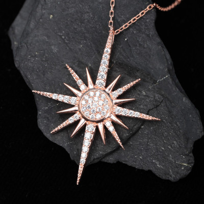 Sterling Silver Celestial North Starburst Crystal Pendant Necklace for Women