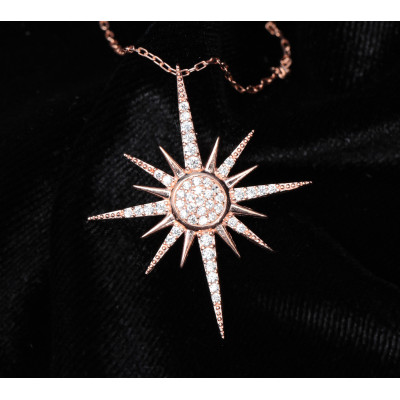 Sterling Silver Celestial North Starburst Crystal Pendant Necklace for Women