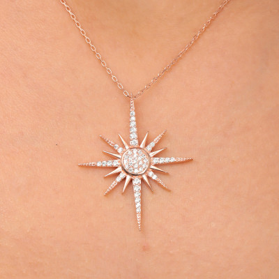 Sterling Silver Celestial North Starburst Crystal Pendant Necklace for Women