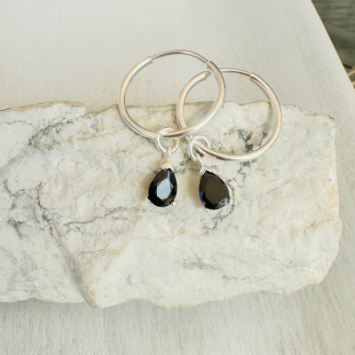 Black Onyx Hoop Dangle Earrings for Men & Women - Pear Drop Onyx Jewelry Gift