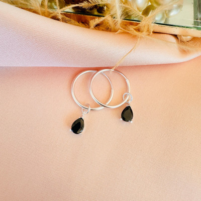 Black Onyx Hoop Dangle Earrings for Men & Women - Pear Drop Onyx Jewelry Gift