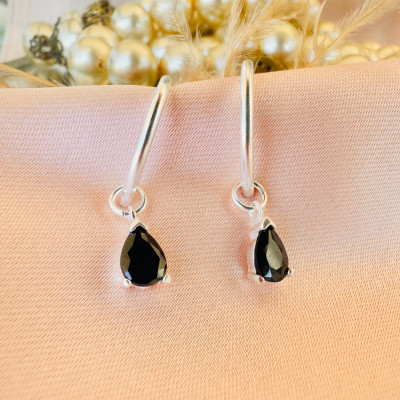 Black Onyx Hoop Dangle Earrings for Men & Women - Pear Drop Onyx Jewelry Gift