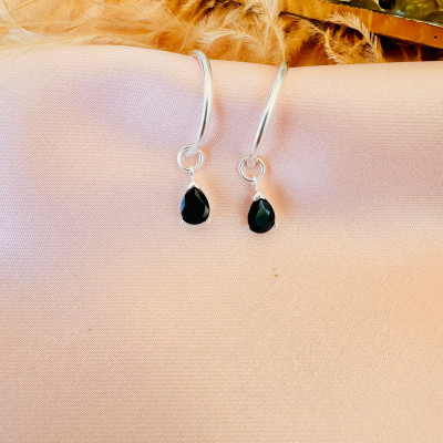 Black Onyx Hoop Dangle Earrings for Men & Women - Pear Drop Onyx Jewelry Gift