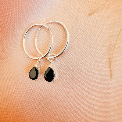 Black Onyx Hoop Dangle Earrings for Men & Women - Pear Drop Onyx Jewelry Gift