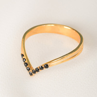 Gold Filled Black Obsidian V Shape Wishbone Promise Ring for Women - Onyx Pave Dainty Engagement Ring