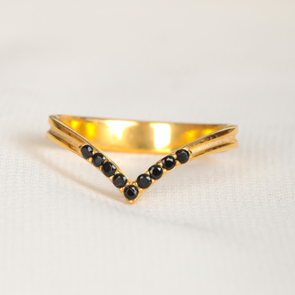 Gold Filled Black Obsidian V Shape Wishbone Promise Ring for Women - Onyx Pave Dainty Engagement Ring