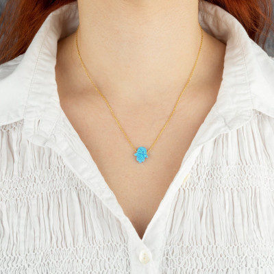 Blue Opal Hamsa Hand Necklace, White Fatima Hand Choker, Tiny Fire Opal Hamsa Pendant, October Birthstone Necklace