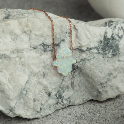 Blue Opal Hamsa Hand Necklace, White Fatima Hand Choker, Tiny Fire Opal Hamsa Pendant, October Birthstone Necklace