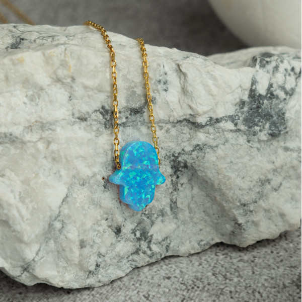 Blue Opal Hamsa Hand Necklace, White Fatima Hand Choker, Tiny Fire Opal Hamsa Pendant, October Birthstone Necklace