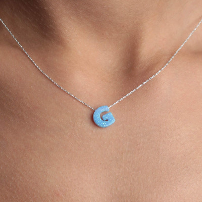 Blue Opal Initial Pendant Necklace for Men and Women - Natural Opal Stone Gift