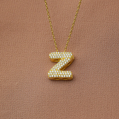 14K Gold Pave Diamond Initial Balloon Letter Necklace - Personalized Bubble Pendant