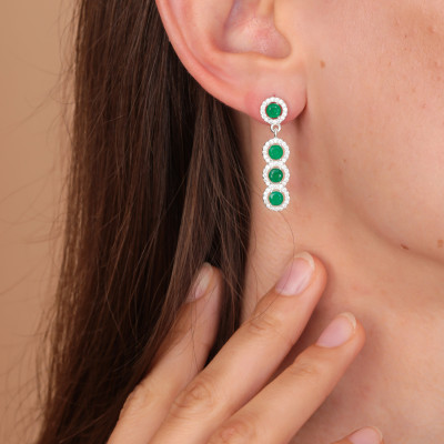 Emerald and Diamond Dangle Earrings - May Birthstone, Dainty Round Emerald Jewelry,