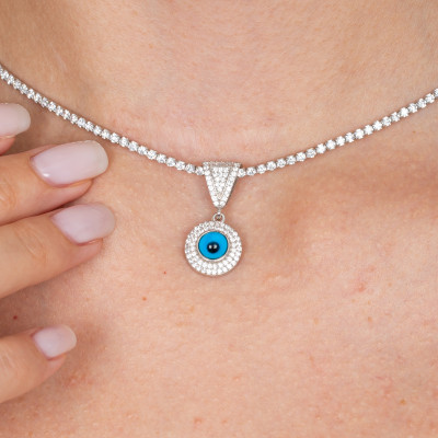 CZ Diamond Evil Eye Tennis Chain Choker Necklace - Dainty Blue Eye Nazar Jewelry