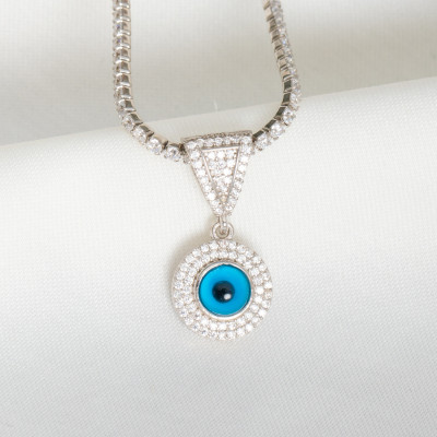 CZ Diamond Evil Eye Tennis Chain Choker Necklace - Dainty Blue Eye Nazar Jewelry