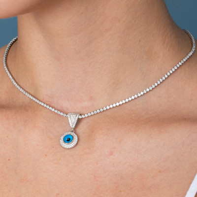 CZ Diamond Evil Eye Tennis Chain Choker Necklace - Dainty Blue Eye Nazar Jewelry