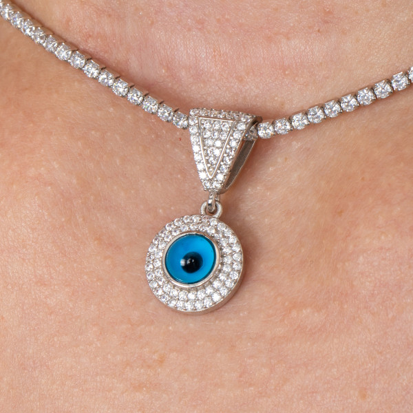 CZ Diamond Evil Eye Tennis Chain Choker Necklace - Dainty Blue Eye Nazar Jewelry