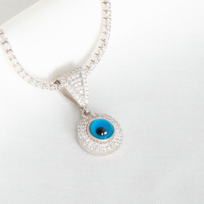 CZ Diamond Evil Eye Tennis Chain Choker Necklace - Dainty Blue Eye Nazar Jewelry