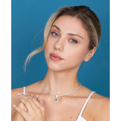 CZ Diamond Evil Eye Tennis Chain Choker Necklace - Dainty Blue Eye Nazar Jewelry