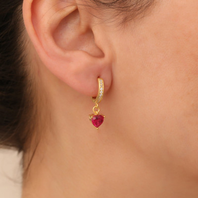 Ruby Heart Hoop Earrings - Red Crystal Dainty Love Hoops for Everyday Wear, July Birthstone Jewelry