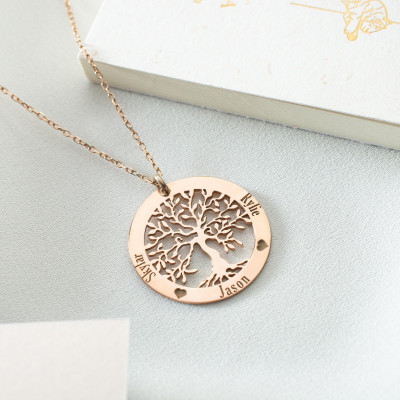 14k Gold Customizable Family Tree Necklace - Personalized Silver & White Gold Name Layering Necklace