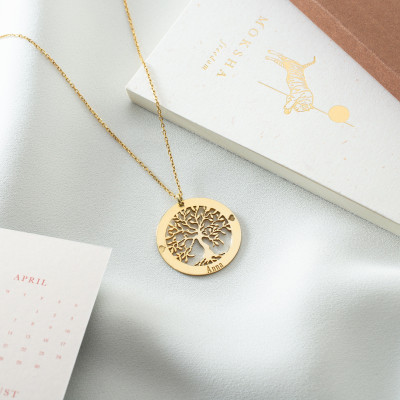 14k Gold Customizable Family Tree Necklace - Personalized Silver & White Gold Name Layering Necklace