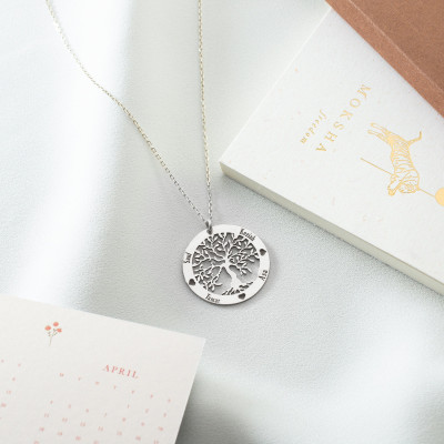 14k Gold Customizable Family Tree Necklace - Personalized Silver & White Gold Name Layering Necklace