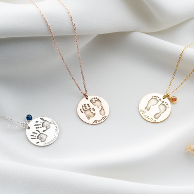 Custom Baby Footprint Necklace with Birthstone and Name - Handprint Keepsake for New Moms - Stillborn Memorial Gift