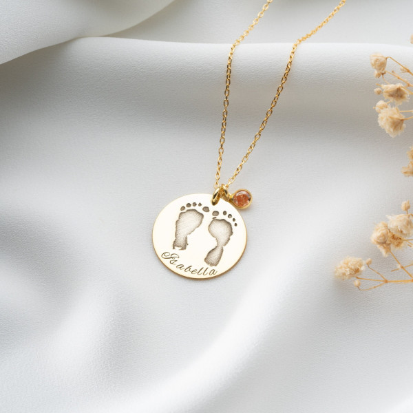 Custom Baby Footprint Necklace with Birthstone and Name - Handprint Keepsake for New Moms - Stillborn Memorial Gift