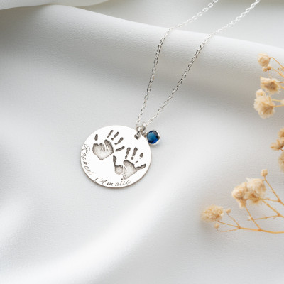 Custom Baby Footprint Necklace with Birthstone and Name - Handprint Keepsake for New Moms - Stillborn Memorial Gift