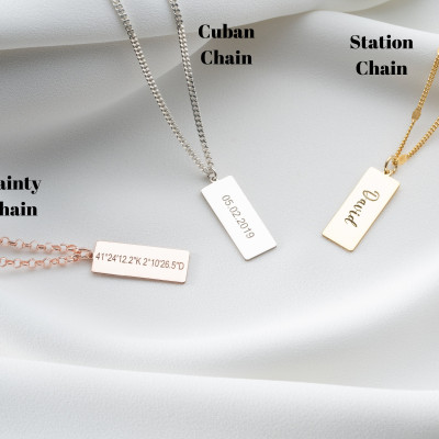 Silver Personalized Name Bar Necklace, Custom Engraved Date & Coordinate Jewelry, Gold Dainty Necklace