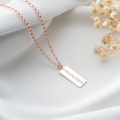 Silver Personalized Name Bar Necklace, Custom Engraved Date & Coordinate Jewelry, Gold Dainty Necklace