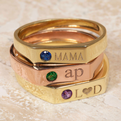 Customizable Birthstone Engraved Sterling Silver Stackable Ring for Mom Gift