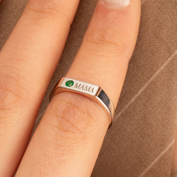 Customizable Birthstone Engraved Sterling Silver Stackable Ring for Mom Gift