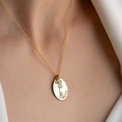 Customizable Gold/Silver Birth Flower Disc Necklace - Personalized Name Jewelry for Her - January Birth Flower Gifts