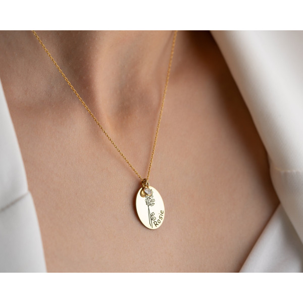 Customizable Gold/Silver Birth Flower Disc Necklace - Personalized Name Jewelry for Her - January Birth Flower Gifts