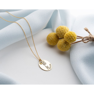 Customizable Gold/Silver Birth Flower Disc Necklace - Personalized Name Jewelry for Her - January Birth Flower Gifts