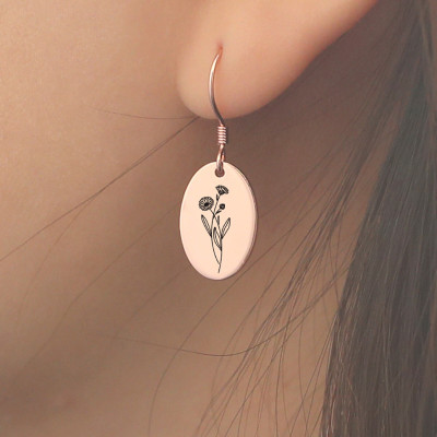 Customized Birth Flower Oval Dangle Silver Earrings - Personalized Floral Signet Jewelry Christmas Gift for Mom