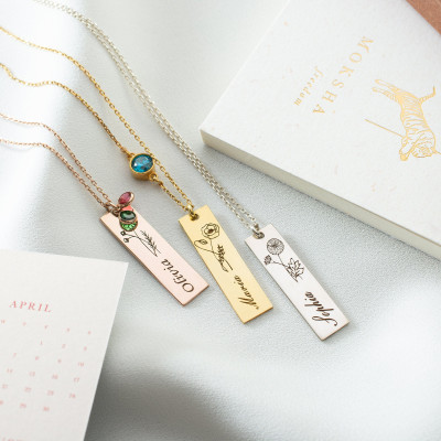 Silver Name Necklace with Cosmos Birth Flower, Gold Bar Necklace with December Birthstone Citrine,