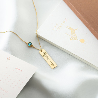 Silver Name Necklace with Cosmos Birth Flower, Gold Bar Necklace with December Birthstone Citrine,