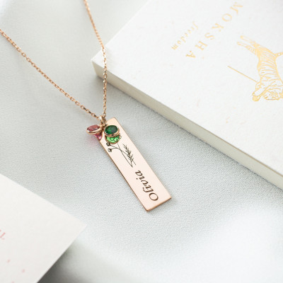 Silver Name Necklace with Cosmos Birth Flower, Gold Bar Necklace with December Birthstone Citrine,