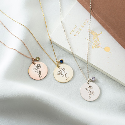 November Birth Flower Necklace - Gold & Silver Personalized Engraved Jewelry, Dainty Gift for Mom,