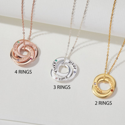 Customizable Birthstone Family Necklace with Engraved Russian Ring Pendant - Personalized Jewelry Gift for Mom or Wife (3-5 Stones)