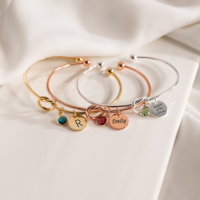 Bridesmaid Personalized Tie Knot Bracelet with Initial & Birthstone, Custom Jewelry Gift for Women