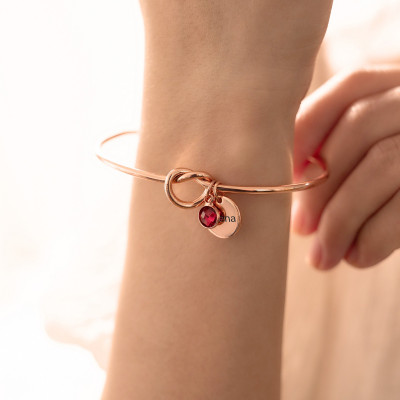 Bridesmaid Personalized Tie Knot Bracelet with Initial & Birthstone, Custom Jewelry Gift for Women