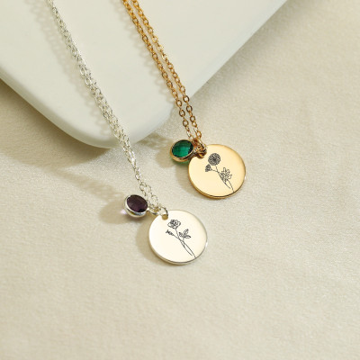 Custom Birth Flower and Birthstone Necklace for Bridesmaids - Dainty Jewelry Gift for Women