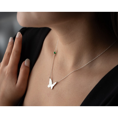 Emerald December Birthstone Butterfly Initial Necklace - Personalized Dainty Silver Necklace for Women