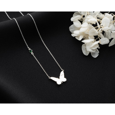 Emerald December Birthstone Butterfly Initial Necklace - Personalized Dainty Silver Necklace for Women